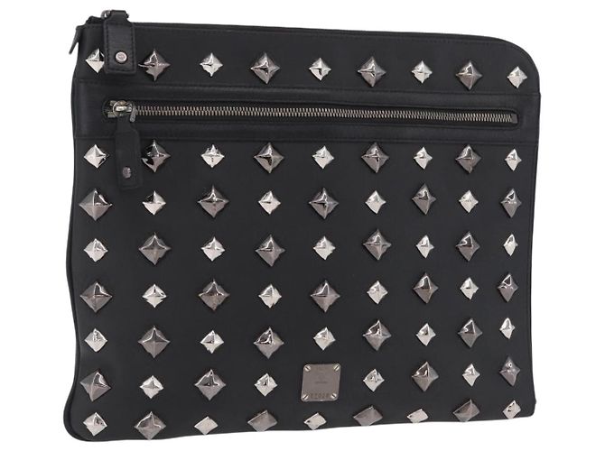MCM Vicetos Clutch Bag PVC Leather Black Silver Auth mr3058 Schwarz Silber