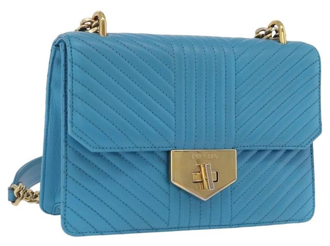 PRADA Chain Shoulder Bag Leather Blue Gold Auth 206268V Golden