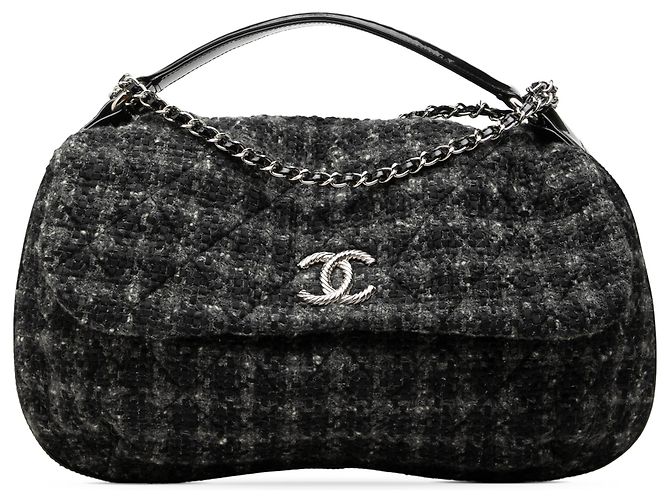 Bolsa Satchel com aba e alça de mão Chanel CC em tweed preto