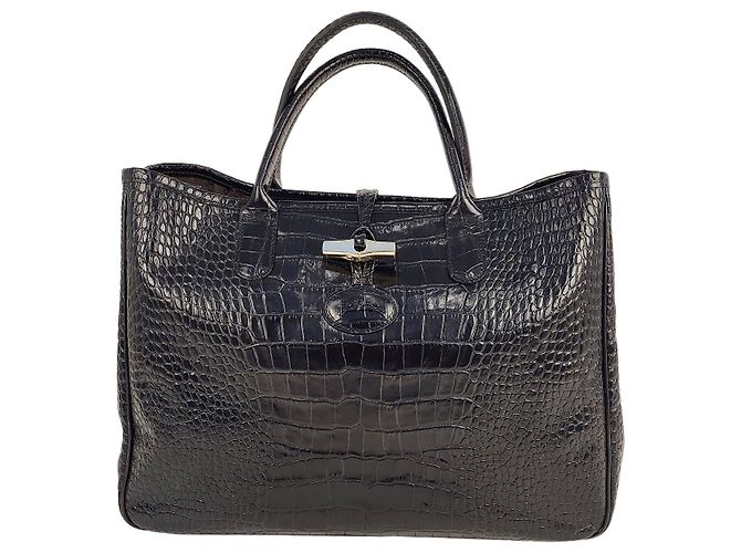 Longchamp Mala Roseau em pele preta efeito crocodilo Preto