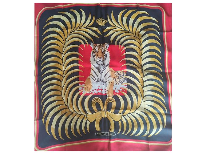Lenço de seda Hermès "Tigre Royal" Preto Vermelho Bege Dourado