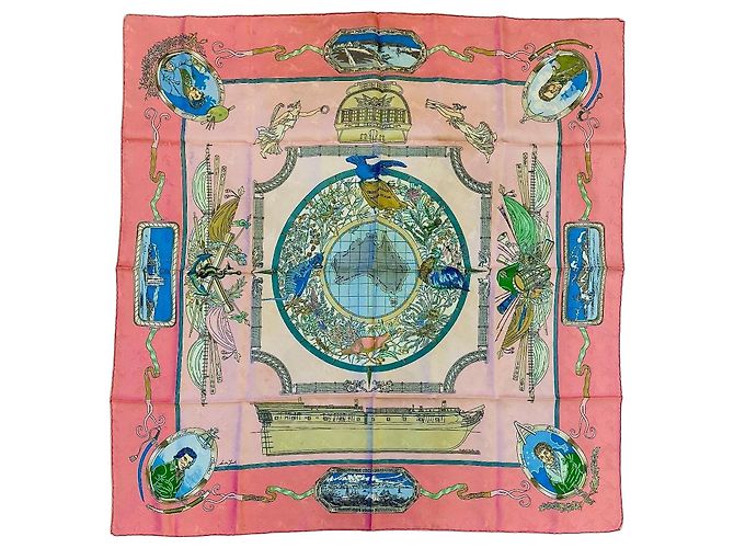 Hermès Le Géographe Damast Seidentuch 90cm Pink Weiß Blau Beige Grün