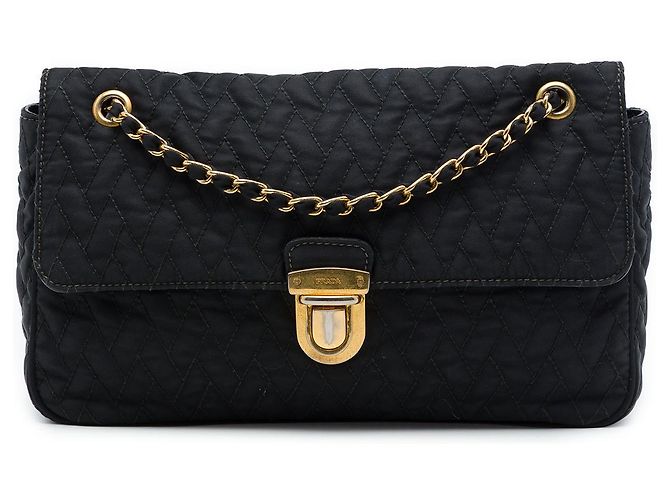 Borsa a tracolla con patta e catena Prada in tessuto Impuntu nero