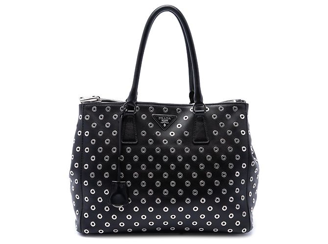 Bolsa Prada Galleria Double Zip em couro de bezerro City com ilhoses, Preta, Large Preto