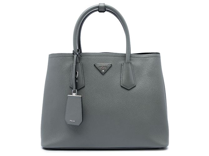 Prada Gray Medium Saffiano Cuir Double Satchel Marrone Grigio