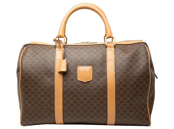 Céline Sac Boston Celine en toile enduite Macadam marron