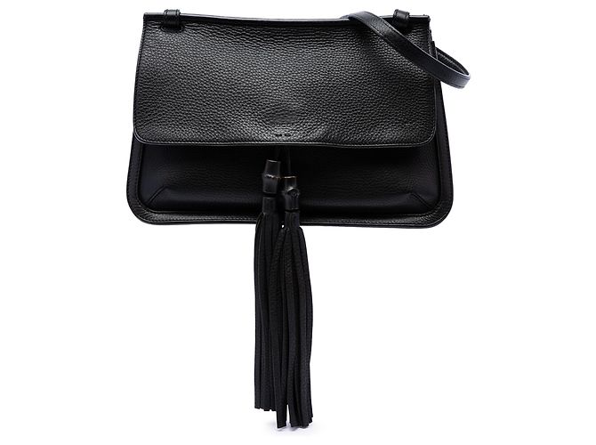 Gucci Black Medium Leather Bamboo Daily Crossbody Preto