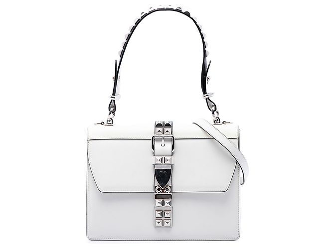 Bolsa Satchel Elektra Prada em couro City Calf e Saffiano branco com tachas