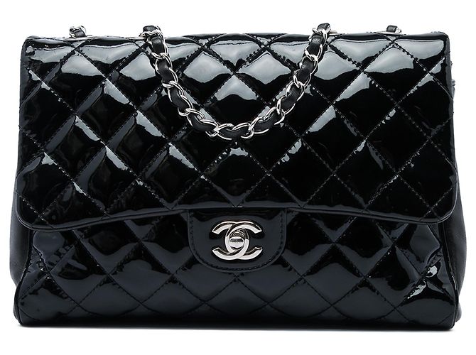 Chanel Black Large CC Quilted Patent Double Compartment Flap Noir