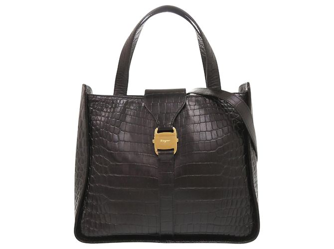 Salvatore Ferragamo Borsa Satchel Vara in pelle embossed croc nera Ferragamo