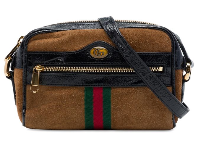 Gucci Mini Borsa a Tracolla Ophidia in Suede Marrone con Web