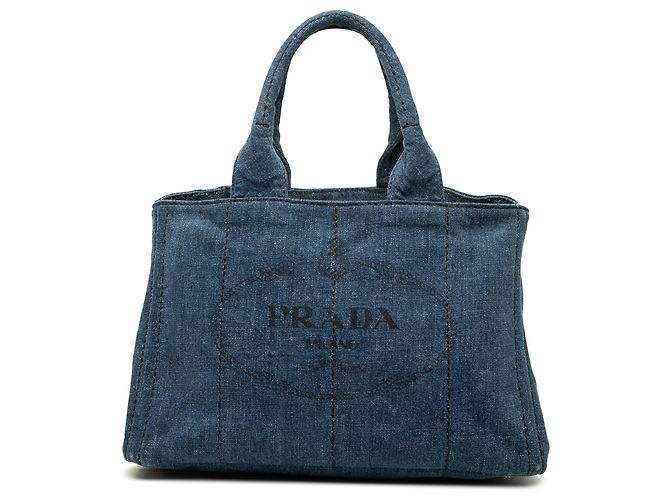 Tote Prada em Denim Azul com Logotipo Canapa
