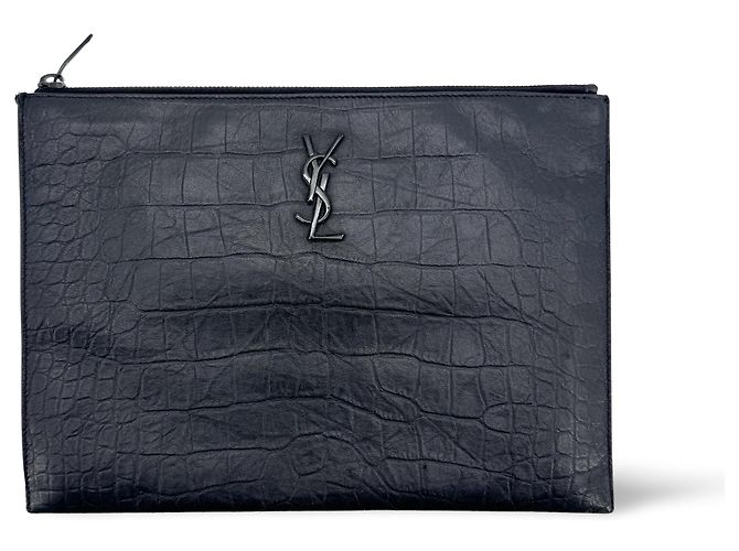 Autre Marque Saint Laurent Classic Monogram Zip Crocodile Embossed Leather Medium Preto