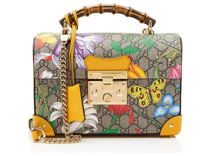 Gucci GG Supreme Flora Bamboo Padlock Top Handle Marron Beige