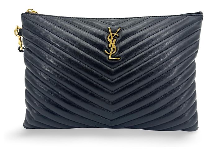Autre Marque Saint Laurent Classic Monogram Wristlet Matelasse Chevron Leather Small Noir