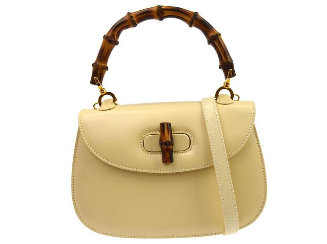 Gucci Vintage Bamboo Top Handle Leather Medium Beige