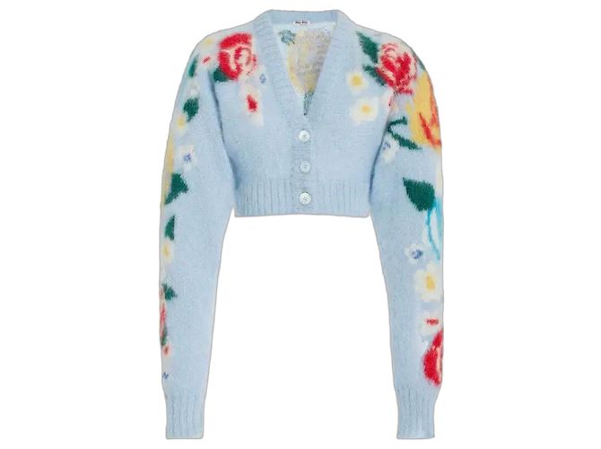 Miu Miu Mohair Cropped Cardigan mit Blumenmuster Blau Mehrfarben