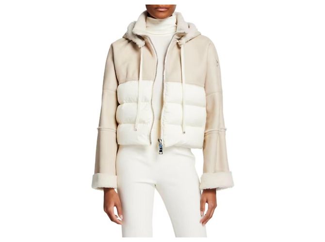 Moncler Leather and Down Hooded Jacket White Beige