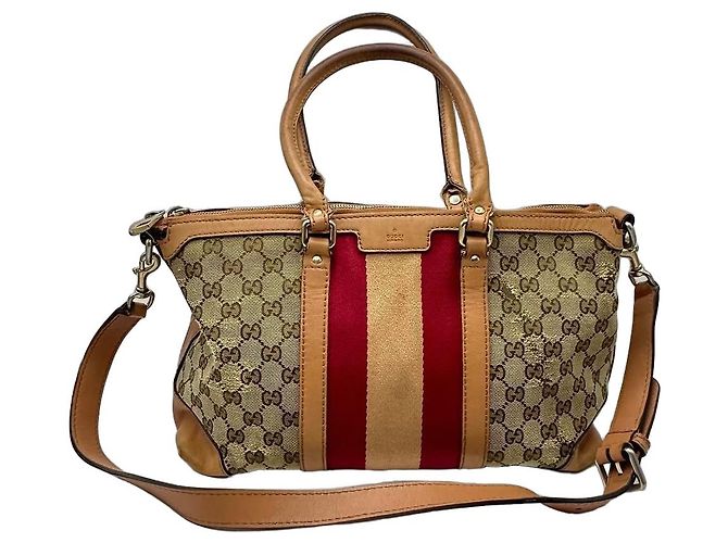 Bolsa Boston Gucci em tela monogramada com listras Marrom Vermelho Bege