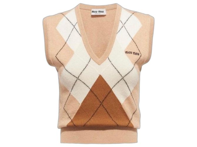 Miu Miu Chaleco de punto Argyle Castaño Blanco Beige