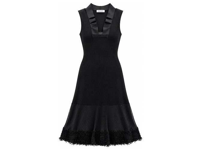 Valentino Schwarzes Strick-Midikleid mit Rüschensaum