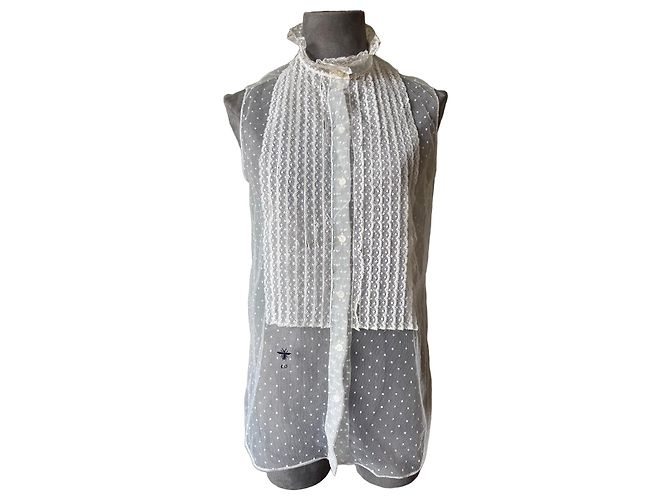 Blusa de renda e tule com bolinhas Christian Dior Branco