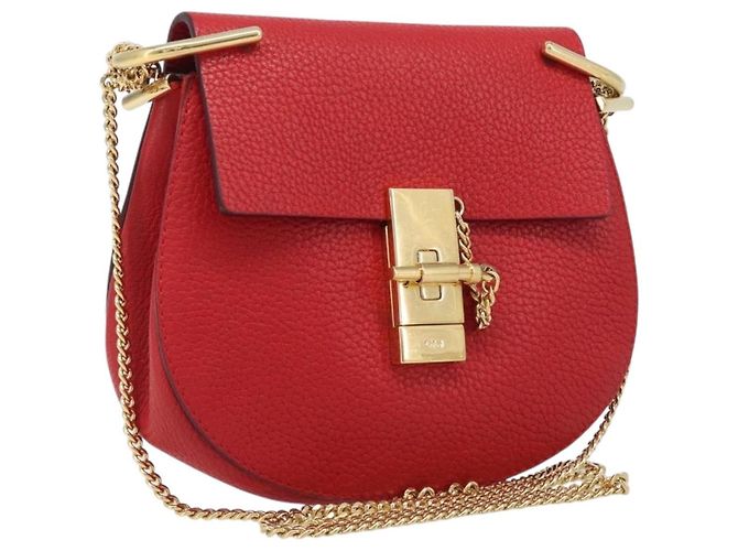 Chloé Bolsa de Ombro Chloe Drew Chain em Couro Vermelho e Tom Dourado Auth bs37070A