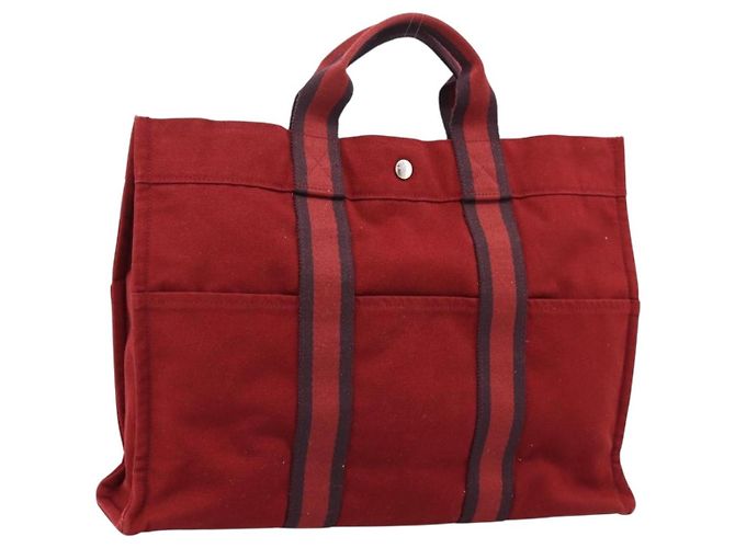 Hermès Borsa HERMES Fourre Tout MM Canvas Rosso Argento Auth gh2382