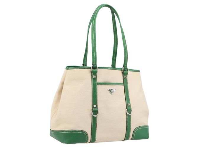 Saco Tote PRADA Canvas Beige Green Auth gh2350 Bege Verde