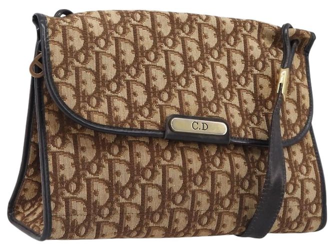 Borsa a tracolla Christian Dior Trotter Canvas Marrone Tono Oro Auth gh2408