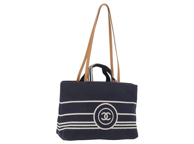 Bolsa de mão CHANEL Canvas 2way Navy Silver CC Auth 204878V Prata Azul marinho