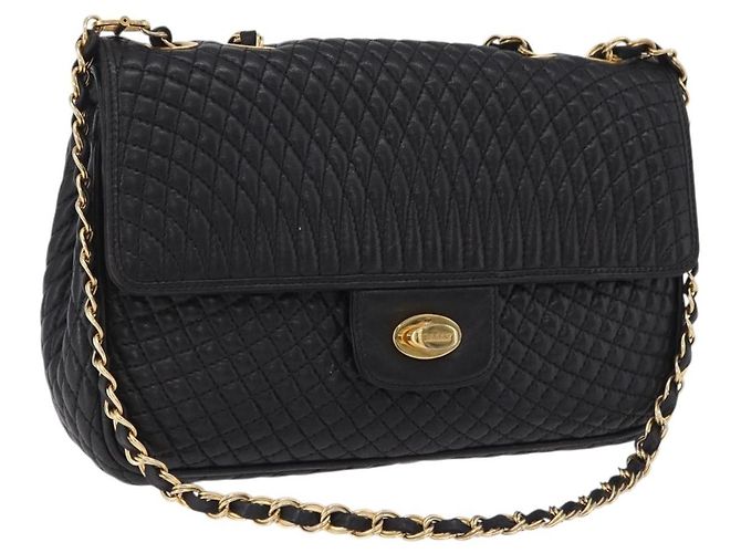 Bolsa de Ombro com Corrente Bally em Couro Preto e Tom Dourado Auth BA16159A
