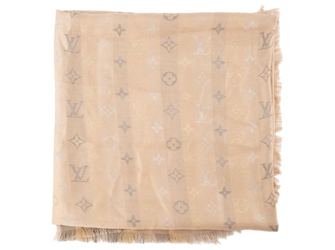 LOUIS VUITTON - Sciarpa Louis Vuitton Monogram Shine in seta marrone e fibre metallizzate Beige