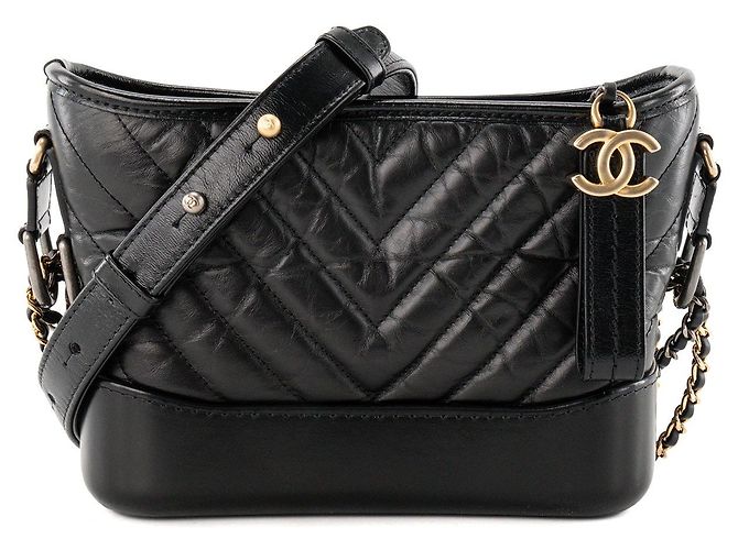 CHANEL - Borsa a tracolla Gabrielle mini chevron in pelle stropicciata nera Nero
