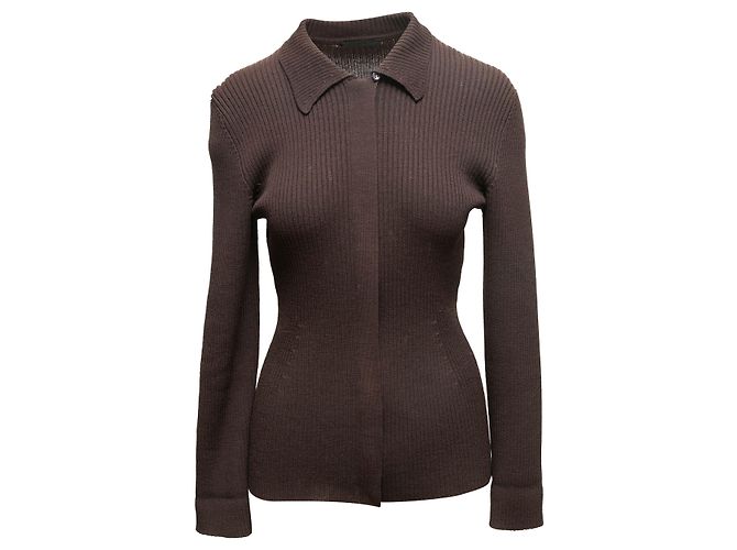 Brauner Prada Rippstrick-Wollcardigan mit Kragen Größe IT 42