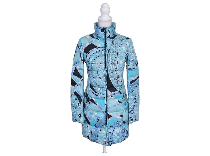Piumino Emilio Pucci 100% seta e piumino d'oca – Taglia S Nero Bianco Blu