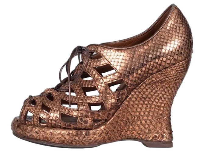 Bottega Veneta  Python Metallic Gold Wedge Sandals Sz 37.5 Pre-owned