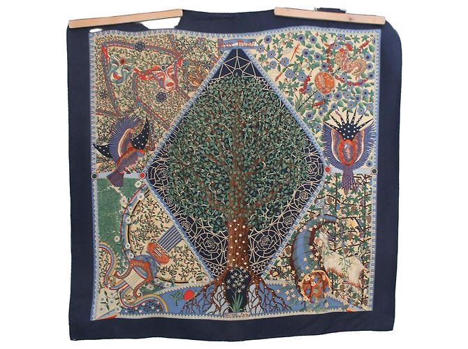 Hermès Seidentuch Axis Mundi Sonderedition 2000 Marineblau Weiß Rot Beige Grün Orange