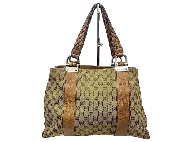 Sac cabas Gucci Abbey Monogram Canvas Bamboo Marron Monogramme