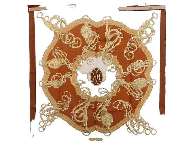 Hermès Carré 90 seta marrone bianco oro D'oro