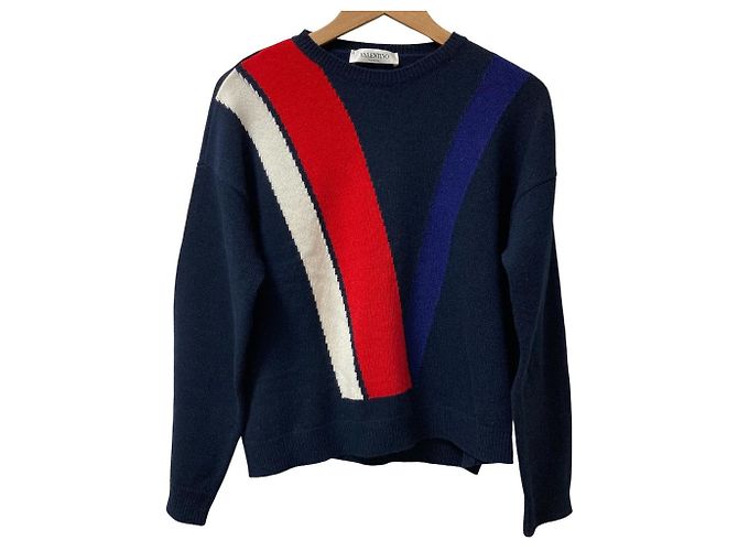 Valentino V Logo Strickpullover aus Wolle und Kaschmir Weiß Rot Blau Marineblau