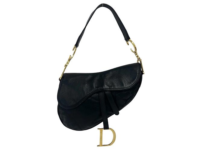 Bolsa semi-ombro em couro com logo Saddle Christian Dior Preto