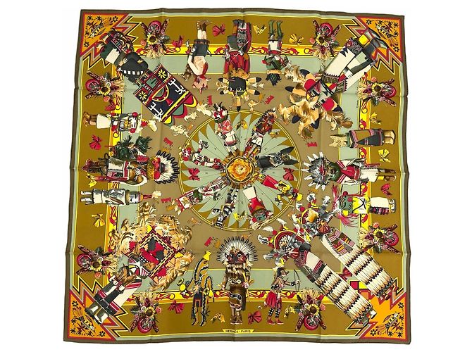 Lenço Hermès Kachinas 100% Seda Marrom Caqui
