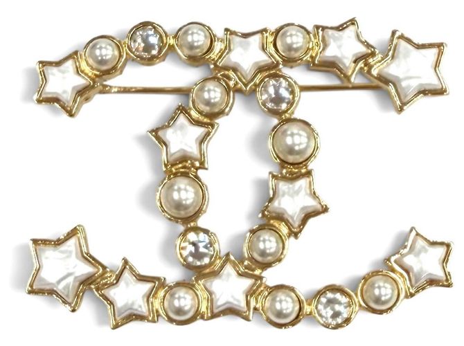 Chanel Coco Mark Strass Eco-Perlen Stern-Brosche Weiß