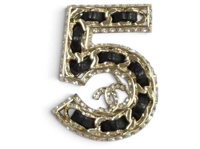 Spilla Chanel B23P No.5 Coco Mark con motivo a catena e strass Nero D'oro