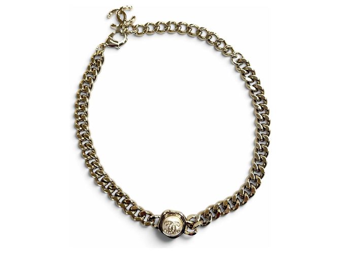 Collier ras-du-cou Chanel B22S strass logo Coco et perles éco-responsables Blanc Doré