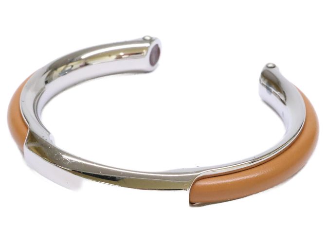 Hermès Hermes Metal Leather Bangle Brown Silvery