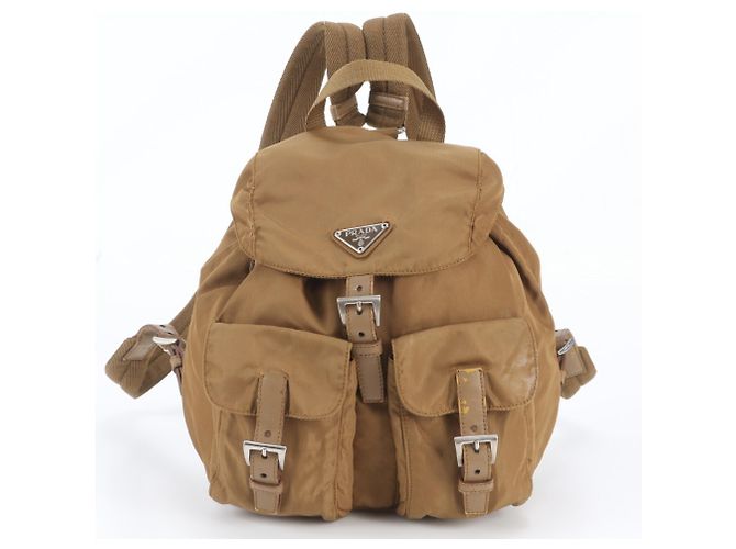 Prada Tessuto Nylon Triangle Logo Leather Backpack Brown