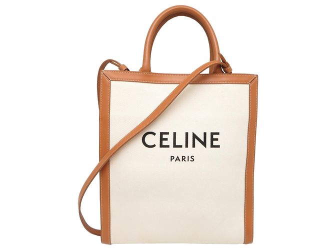 Céline Celine Vertical Cabas Small Tote Bag Marron Écru