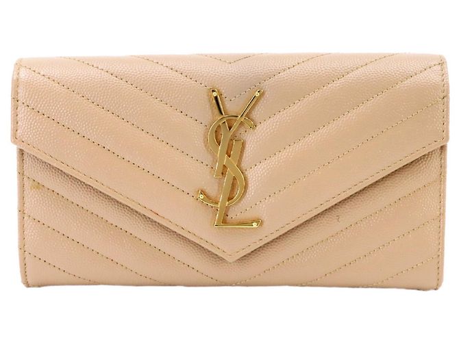 Cartera bi-fold de piel beige Yves Saint Laurent